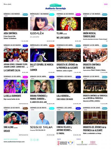 Programación Auditorio Torrevieja. Desde Marzo a Junio de 2018